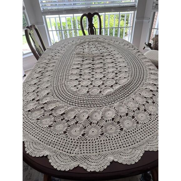 Vintage Handmade Crochet Ivory  Ecru Tablecloth Oval 74x‎ 53  1960's Free Ship - Picture 1 of 6